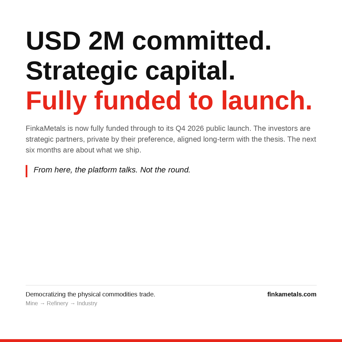 CFciscoF's tweet photo. USD 2M committed to FinkaMetals. Strategic investors, by their preference private.

The platform is now funded all the way to Q4 2026 launch.

From here it is about what we ship, not what we raised.

@FinkaMetals https://t.co/DYTgzOpvwG