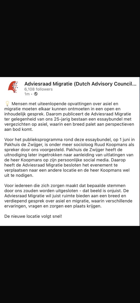Ruud_Koop_mans's tweet photo. Positieve wende in de zaak van mijn cancelling door het Amsterdamse debatcentrum Pakhuis de Zwijger. Co-organisator Adviesraad Migratie was in die beslissing niet gekend en heeft besloten de debatavond, met mij als deelnemer, naar een andere locatie te verplaatsen 1/ https://t.co/phJDKfjfAe