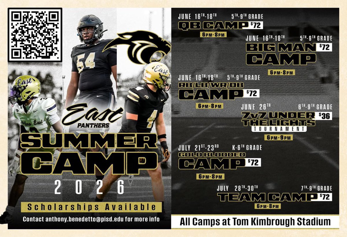 tonybenedetto19's tweet photo. Summer is almost here, time to work on your game for the fall season and Camp with the Panthers!  We have position specific camps, 7on7 tournament under the lights, Gold Blooded Camp (K-6), and Team Camp (7th-9th) 

https://t.co/c5btCz3Ig8 https://t.co/9ZDEpPIvV7