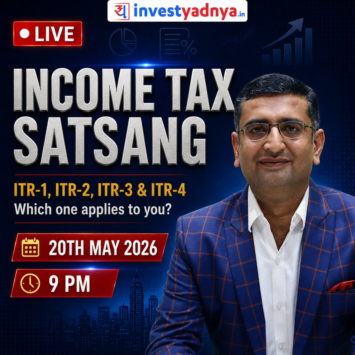 investyadnya's tweet photo. Confused between ITR-1, ITR-2, ITR-3 & ITR-4?

Which ITR form is applicable for the following?
^ Salary income
^ Freelancers & consultants
^ F&O trading
^ Capital gains
^ Foreign assets/income
^ Business income
^ Presumptive taxation

Join us LIVE tomorrow with @CAYogesh4u, where we will practically discuss the following:

- Which ITR form applies in different situations
- Common mistakes taxpayers make
- When ITR-1 is NOT allowed
- ITR for traders, freelancers & NRIs
- Important changes for this year

Drop your questions in comments and we’ll discuss them LIVE.

#IncomeTax #ITR #StockMarketIndia. #TaxFiling @investyadnya