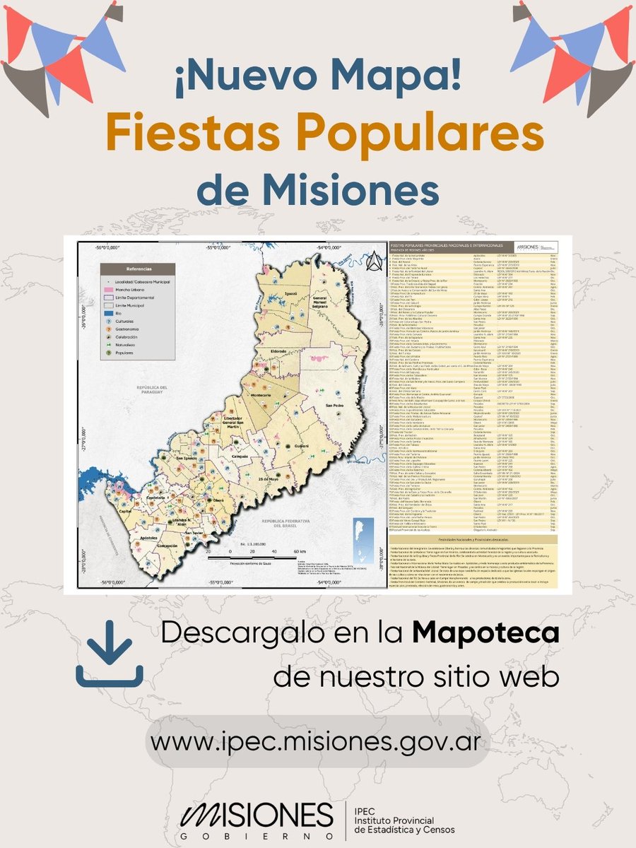 IPEC_Misiones's tweet photo. 🎉 El IPEC presenta el Mapa de Fiestas Populares de Misiones

📍 88 fiestas y festivales de toda la provincia
📊 Clasificadas por tipo y localización

Un recurso para conocer la identidad cultural y turística misionera.
 https://t.co/Oz3IaUnP09

#Misiones #Turismo #Cultura #IPEC https://t.co/NBVumVbdHS