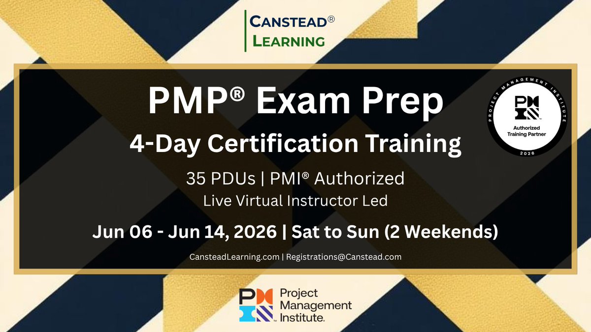 CansteadInc's tweet photo. PMP® Exam Prep – Weekend Training

Become a certified project leader
| PMI® Authorized
| 35 PDUs
| 2000+ Practice Qs
| Real-World Case Studies

📅 Jun 06 - Jun 14, 2026 Sat to Sun
🔗 https://t.co/1r1vI2pvWK

#PMP #PMPCertification #Toronto #CorporateTraining #ProjectManagement https://t.co/gA7w5M4e2i