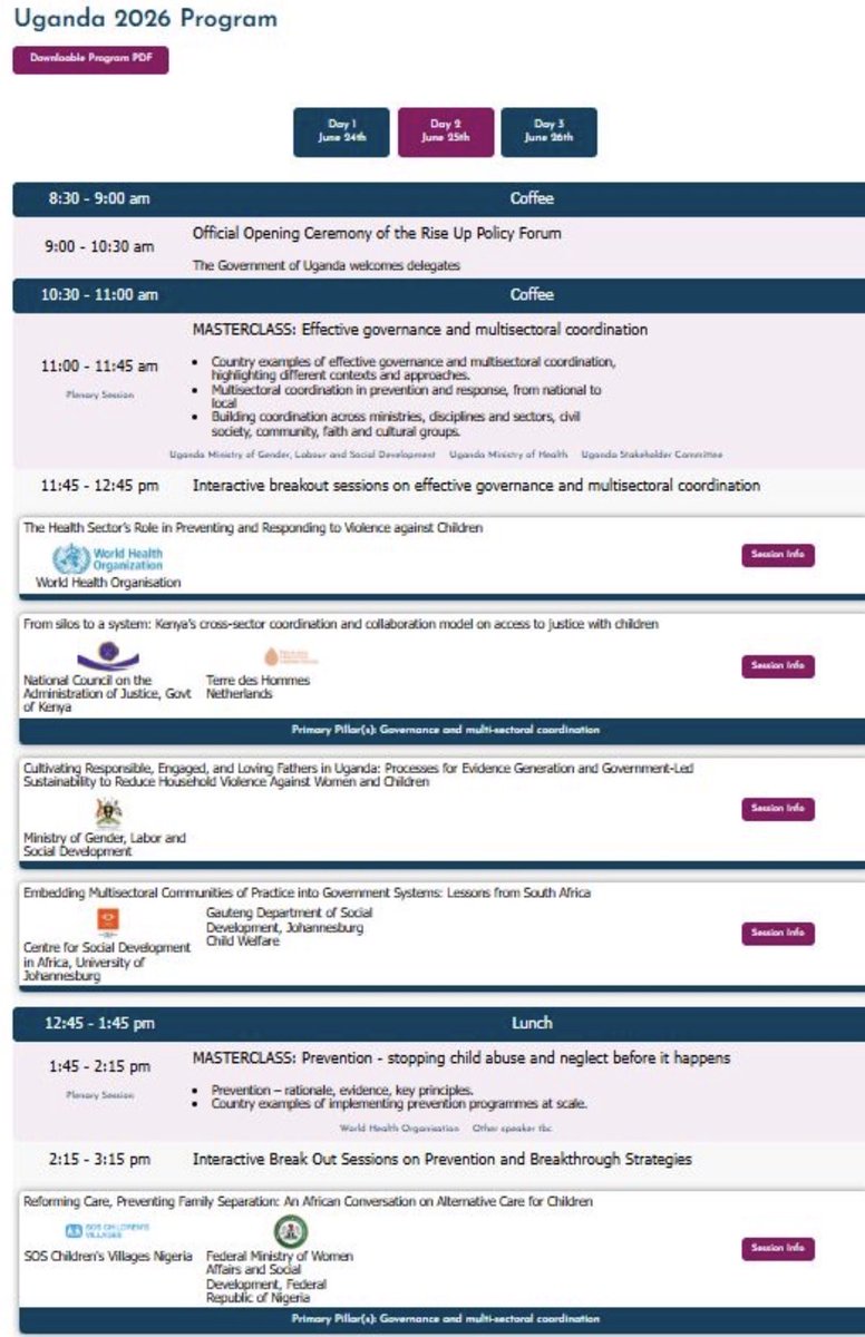 ISPCAN's tweet photo. 📢 GOING LIVE TODAY!

We’re excited to share the programme for the 1st African Regional Rise Up Policy Forum & ISPCAN Huddle Programme, taking place in Kampala, Uganda 🇺🇬 from 24–26 June 2026.

✨ 40+ sessions across 3 days
✨ 47 partner organisations & government ministries
✨ Learning and collaboration from 16 African countries

This landmark convening brings together governments, policymakers, researchers, practitioners, funders, and community leaders to strengthen child protection systems through evidence, collaboration, and public health approaches.

🔍 Programme Highlights Include:
• Cultivating Responsible, Engaged & Loving Fathers in Uganda
• Kenya’s Cross-Sector Coordination Model on Access to Justice for Children
• Lessons from South Africa on Embedding Communities of Practice into Government Systems
• Why Child Helplines in Africa Are Critical in Protecting Children
• Scaling Parenting Programmes in Kenya & Rwanda
• Strengthening Online Child Protection across Ghana, Kenya, Tanzania, Uganda, Benin & Togo

💡 Day 3 Special Focus:
Funding & Financing Masterclass and Lab
Including:
• Mobilising funding for prevention
• Costing child protection systems
• Building effective government–civil society partnerships
🌍 Delegates from 24 countries and representatives from 17 governments are already registered!

🗓 Early bird registration ends: 22 May
🔗 Registration closes: 1 June

👉 View the programme: https://t.co/P17wS1jqEX
👉 Register here: https://t.co/d2pVdmoI86

Join us in Kampala together with @AfriChildCentre, @IIDC_Ug, @TheHaruvInstitute and the Government of Uganda as we build the community of practice, profile African expertise, challenges and solutions, and strengthen child protection systems across the continent.