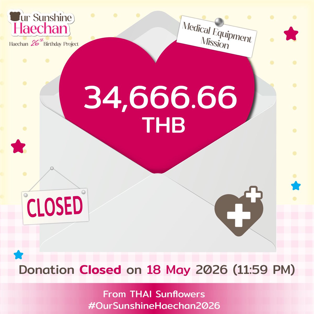 HCBDProject2026's tweet photo. 🐻🌻— Haechan 26th Birthday Project

สรุปยอดโดเนททั้งหมดสำหรับ Medical Equipment Mission
💛 34,666.66 THB 💛

แบ่งเป็น
♡ รถเข็นมีเบรก
♡ ผ้าอ้อมผู้ใหญ่ แผ่นรองซับ 
♡ อาหารการแพทย์เบลนเดอร่า

ขอบคุณที่ร่วมเป็นส่วนหนึ่งของโปรเจกต์นะคะ 🙇🏻‍♀️

#OurSunshineHaechan2026
#HAPPYHAECHANDAY https://t.co/9dWx1emxSc