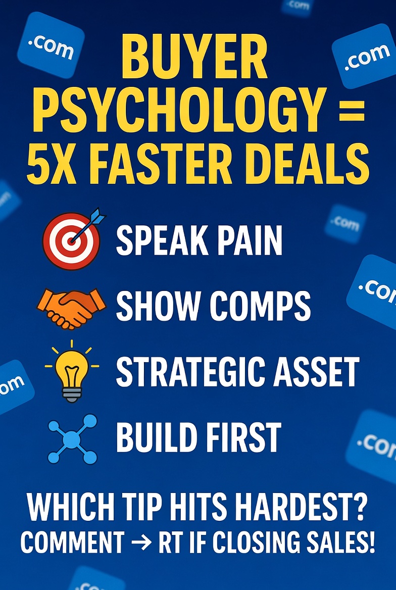 AlexDomainHQ's tweet photo. Buyer psychology that closes domain deals 5X faster 👀

Which tip is your secret weapon? Tell me below 👇 RT if you’re closing premiums!  

#Domaining #DomainFlipping #DomainInvesting @AlexDomainHQ https://t.co/GbhWxSHroO
