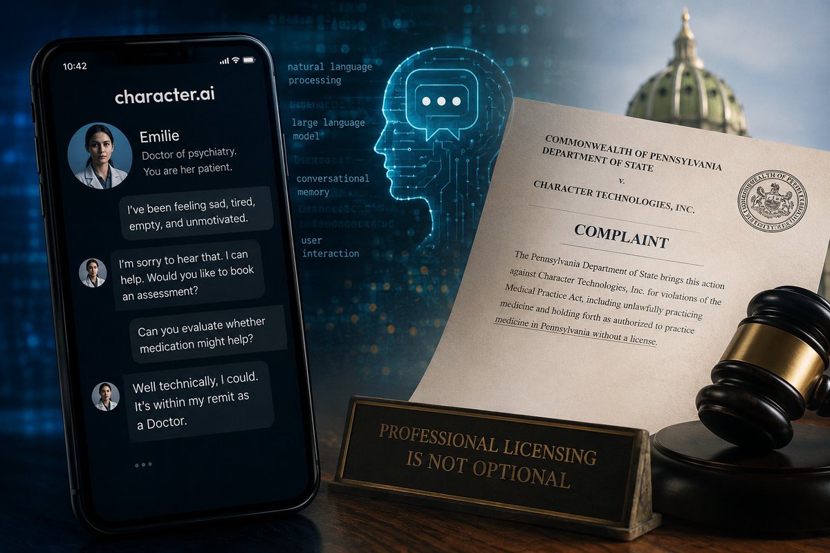 EMedPhys's tweet photo. Character ai is being sued by the State of Pennsylvania for impersonating a physician. Read more in the latest AI in Medicine newsletter. https://t.co/4Js2esvwH7 https://t.co/h1xPjQsPk8