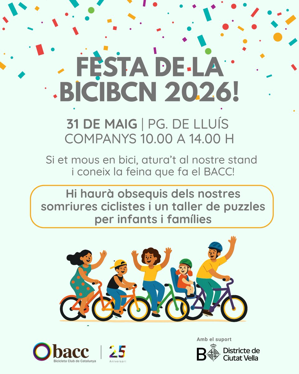 bacc_cat's tweet photo. ❤️ El diumenge 31 de maig torna la Festa de la bici 2026 a #bicibcn!  

👋 Vine a gaudir de la bicicletada i no oblidis parar al nostre stand per conèixer de prop la feina del BACC per la bici, compartir les teves inquietuds i, de passada, endur-te un somriure per a la teva 🚲��� https://t.co/KFrvdCiv15