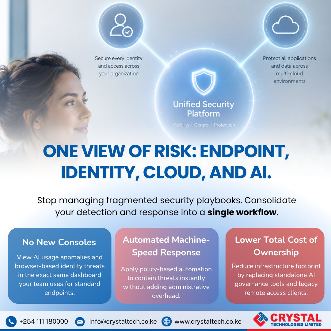 CrystalTechKe's tweet photo. Stop chasing alerts across disconnected consoles. Adding separate tools for AI governance and browser access only adds complexity. The future is consolidation. Unify your security with Crystal Tech, no new overhead, just complete protection.
Book a demo: support@crystaltech.co.ke https://t.co/TUsQje5UVC