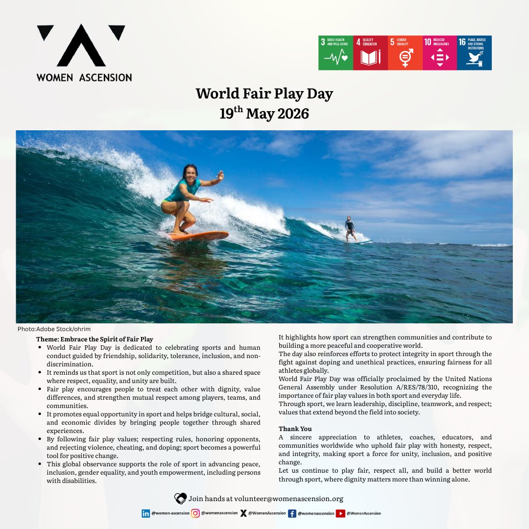 WomenAscension's tweet photo. #Women #Empower #InPower #Leadership #WomenAscensionLeadership2030 #UnitedForImpact
#WorldFairPlayDay #FairPlay #SportForPeace #Sportsmanship #Integrity
#Inclusion #Equality #Teamwork #YouthEmpowerment #Respect
#SDG3 #SDG4 #SDG5 #SDG10 #SDG16
#WomenAscension #Global https://t.co/bLUtDxAlG3