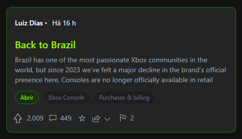 DinhoPlayer_'s tweet photo. Diaaa!
Parabéns ao @diasluizzz que criou o tópico para atenção do Xbox ao Brasil.
O tópico já está em 7º Lugar. :)
Quem não votou ainda, segue:
https://t.co/afyYoGQagF https://t.co/qrRhrODxhz