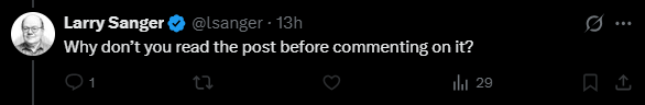 christiancoms's tweet photo. The Irony is actually sad.
Larry Sanger (@lsanger ) Get's mad at people for not reading his article where he name-drops Heiser as a force for polytheism but then he blocks people who quote him:  "I've researched a lot more [about Heiser] than [people who have read Heiser]...[but] I haven't read [Heiser]."