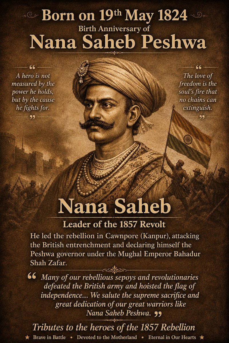 AnanyaModi95's tweet photo. “Remembering the fearless warrior whose courage ignited the spirit of freedom. Tribute to Nana Saheb Peshwa on his Birth Anniversary.” 🇮🇳
#NanaSahebPeshwa #BirthAnniversary #1857Revolt #FreedomFighter #IndianHistory #JaiHind https://t.co/do2EmoG6eZ