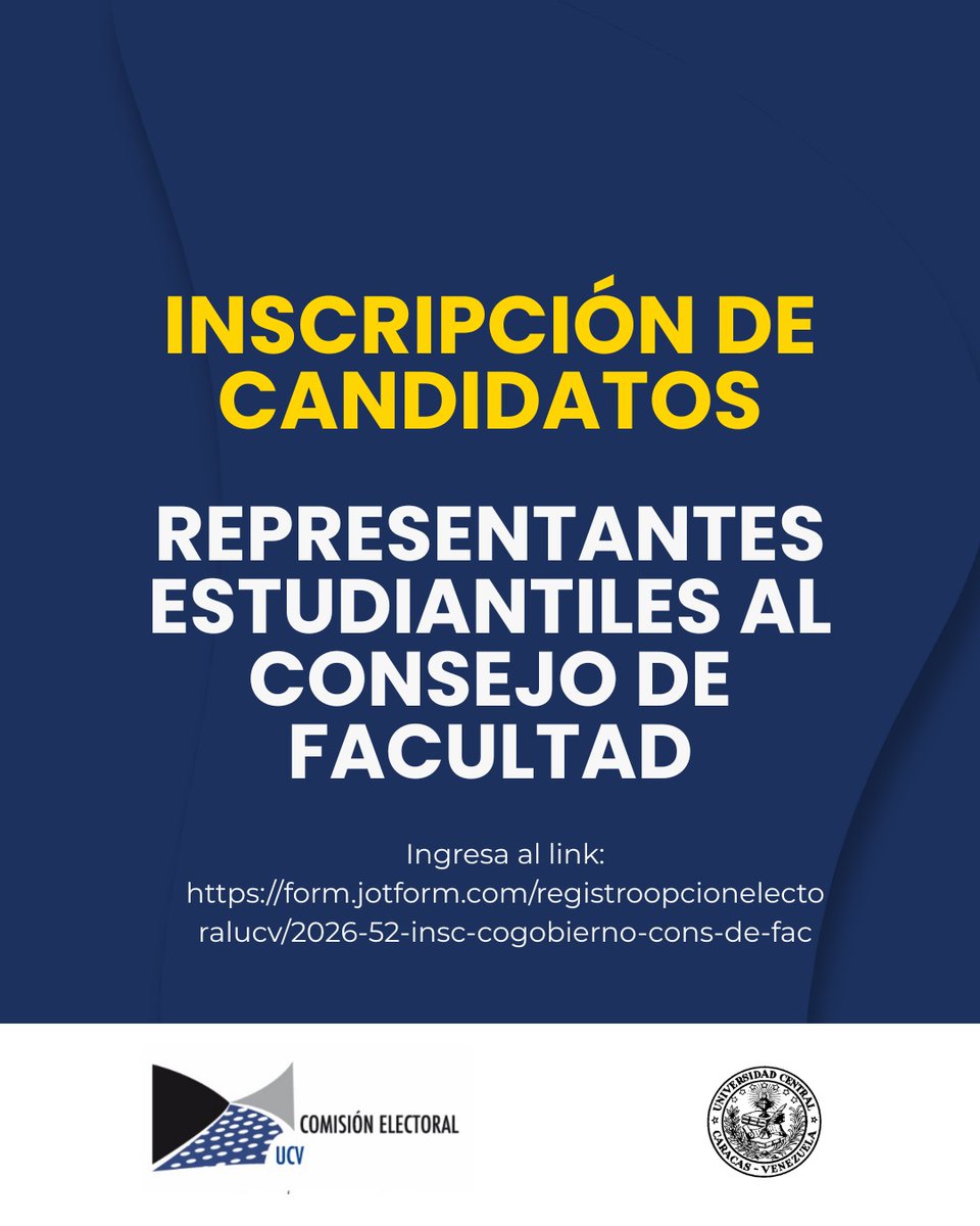 ComisionElecUcv's tweet photo. 📢 ¡Atención estudiantes! Está abierto el proceso de INSCRIPCIÓN de candidatos para Representantes Estudiantiles ante el CONSEJO DE FACULTAD 2026.

ℹ️ Info e instructivos aquí: 🔗 https://t.co/RTpjOkhpkX
📝 Inscribe tu opción aquí: 🔗 https://t.co/ngmI7TTlYQ

#UCV https://t.co/7GAz2Q7b16