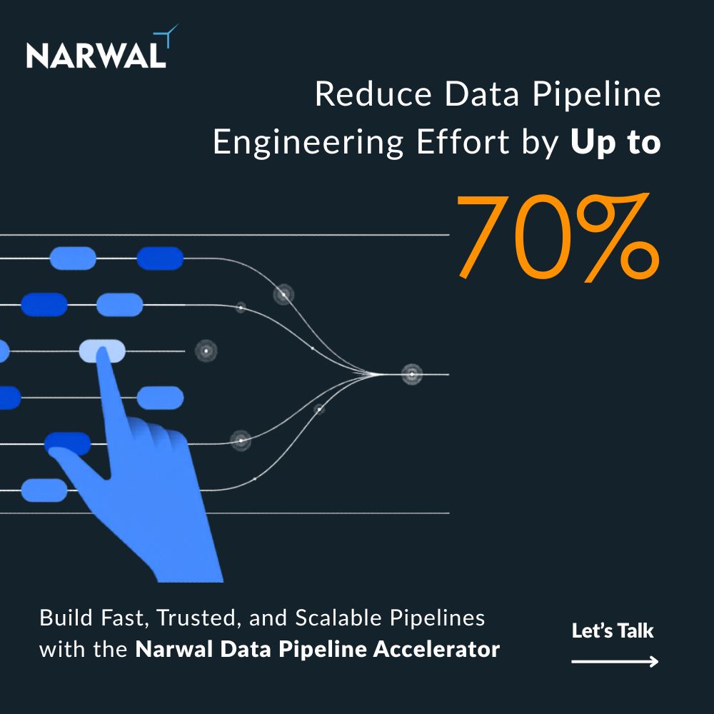 NarwalAI's tweet photo. Reduce #datapipeline engineering effort by up to 70%.

Build governed #snowflake-native pipelines and accelerate #dataonboarding with Narwal’s Data Pipeline Accelerator.

Learn more: https://t.co/GTnZp9E1a4 https://t.co/x9ufLEzSbH