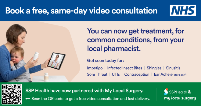 HealthSsp's tweet photo. There are 7 conditions your local pharmacist can treat:- impetigo, infected insect bites, shingles, sinusitis, sore Throat, UTIs, contraception &amp; ear ache.
@SSPHealth
has partnered with @MyLocalSurgery offering FREE same-day video consultations  Book here: https://t.co/SW4qijWt3G https://t.co/gCHul5nWr6