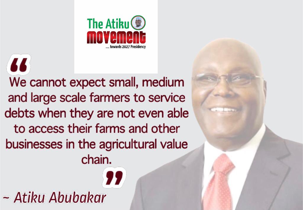 Atiku_MV's tweet photo. Agriculture is the backbone of our economy, but our farmers are under siege. 🌾🇳🇬

Insecurity is keeping farmers away from their lands, yet they are expected to service debts. We must secure our farms to guarantee food security and economic growth.
#TheAtikuMovement #Atiku2027 #FoodSecurity #NigerianFarmers #SecureNigeria