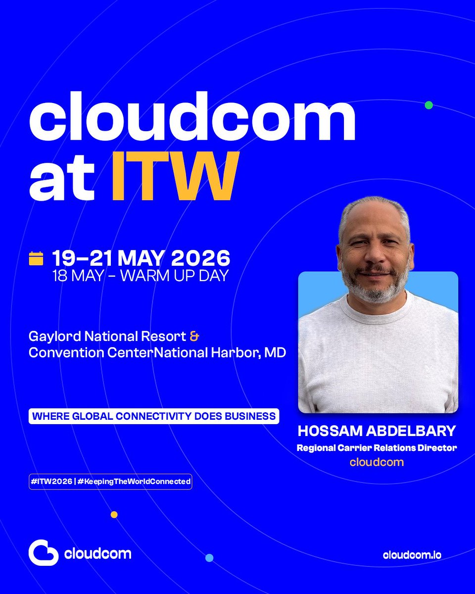 UseCloudCom's tweet photo. cloudcom is heading to ITW
With 7,000+ decision-makers and telecom leaders from 120+
countries,@ITW_Telecoms continues to shape the future of global
connectivity

Representing #cloudcom at #ITW 2026 will be Hossam Abdelbari,
Regional Carrier Relations Director
See you there https://t.co/wBTcb9itOb