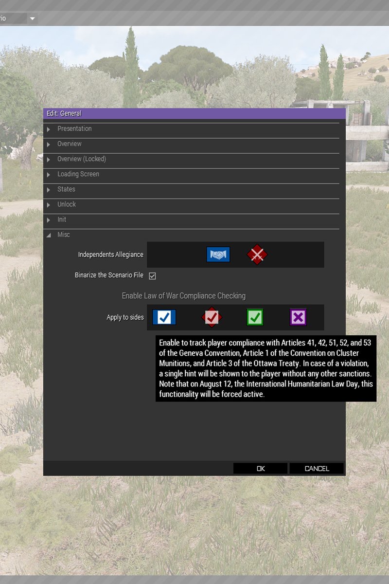 Trager_Marat's tweet photo. A new Mission Attribute checkbox added with latest update of O&amp;T Expansion Eden mod will detect player actions against the some Laws of War. It displays hints if a war crime is committed. #Arma3 #Arma3LawsOfWar https://t.co/5AFHQU63EM