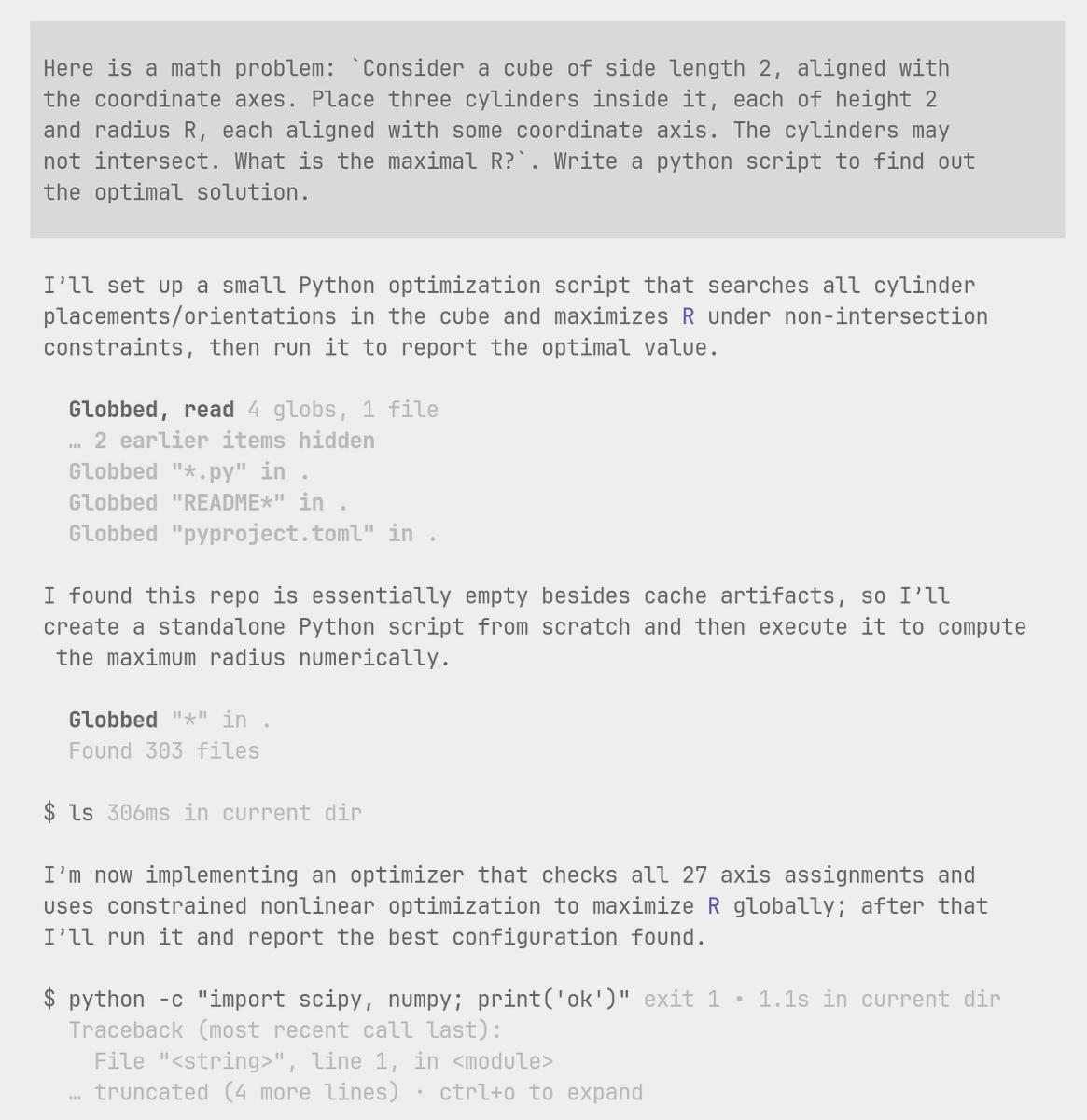 rtu8lu's tweet photo. @Rabdos_AI I’ve asked gpt 5.3 codex xhigh to write a program instead of simply answering the question, and it found the correct solution without any extra prompts https://t.co/AkQaXZ2EKt