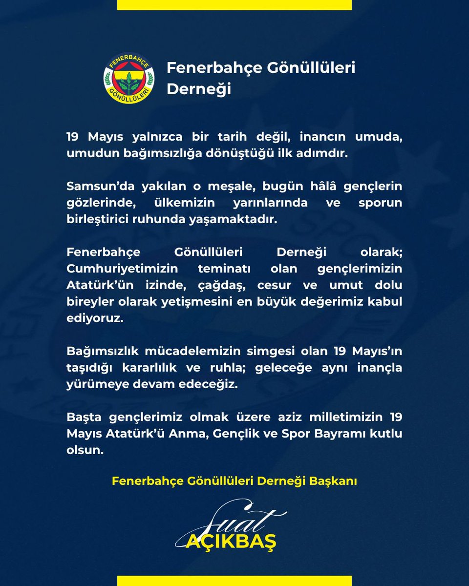 FBGDER's tweet photo. Başkanımız Suat Açıkbaş’ın 19 Mayıs Atatürk’ü Anma, Gençlik ve Spor Bayramı mesajı 📢 https://t.co/85RzTBqrFl