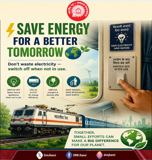 DrmJhansi's tweet photo. Small acts inside the train make a giant leap for the planet! 🌍⚡ Next time you leave your berth or finish charging your phone, remember to switch off. Let's make energy conservation a habit on every journey. #SwitchOff #ResponsibleTourism #EcoFriendlyTravel #SmallStepsBigDifference #SaveEarth