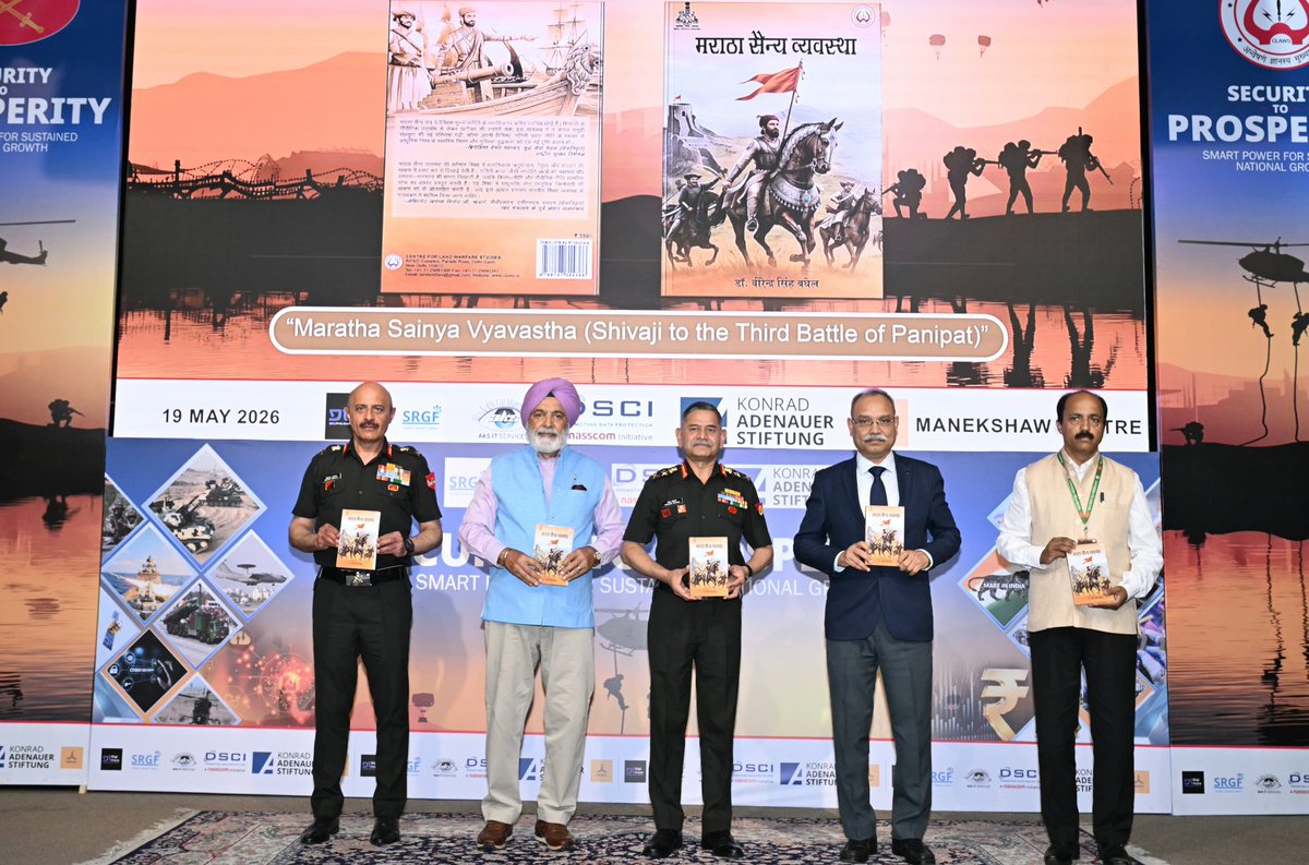 adgpi's tweet photo. #GeneralUpendraDwivedi, #COAS delivered the keynote address at the seminar ‘Security to Prosperity: Smart Power for Sustained National Growth’, organised by the Centre for Land Warfare Studies (CLAWS). In his address, the #COAS underscored the importance of S.M.A.R.T. (Statecraft, Manufacturing-depth,  Accelerated-Innovation, Resilience & Tech-Primacy) towards achieving the vision of #ViksitBharat2047 and strengthening #Atmanirbharta in defence amidst an increasingly complex global security environment.

The #COAS also inaugurated the associated technology exhibition and unveiled the book ‘Maratha Sena Vyavastha (Shivaji to the Third Battle of Panipat)’ authored by Dr Virendra Singh Baghel. The seminar brought together policymakers, diplomats, defence leaders, industry captains and strategic experts to deliberate on leveraging military, diplomatic, economic and technological instruments of national power to foster long-term national security and growth.

Click on the link below to watch the seminar
https://t.co/Hd8CEOwUXR

#DecadeofTransformation
@DefenceMinIndia 
@SpokespersonMoD
@OfficialCLAWSIN
