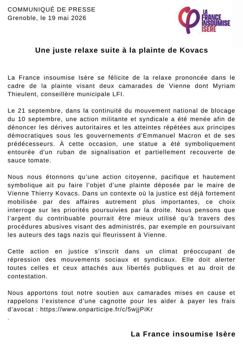 38LFI's tweet photo. 📷 Une juste relaxe suite à la plainte de Kovacs !

Communiqué de presse de #LFI Isère concernant la relaxe de camarades à #Vienne, qui faisait suite à une plainte du maire de la ville, M. #Kovacs.

Cagnotte afin de participer aux frais d'avocat si vous le pouvez !👇 https://t.co/ll1o5OHNBS