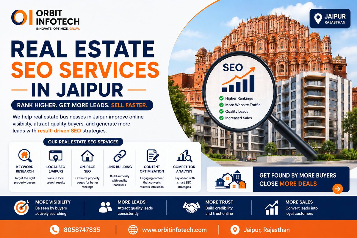 InfotechOrbit's tweet photo. 🏡 Real Estate SEO Services in Jaipur, Rajasthan

Boost your property business online &amp; generate more real estate leads with smart SEO strategies 🚀

🌐 Orbit Infotech
📞 8058747835
#RealEstateSEO #JaipurSEO #PropertyMarketing #DigitalMarketing https://t.co/Rj9PYjcfdQ