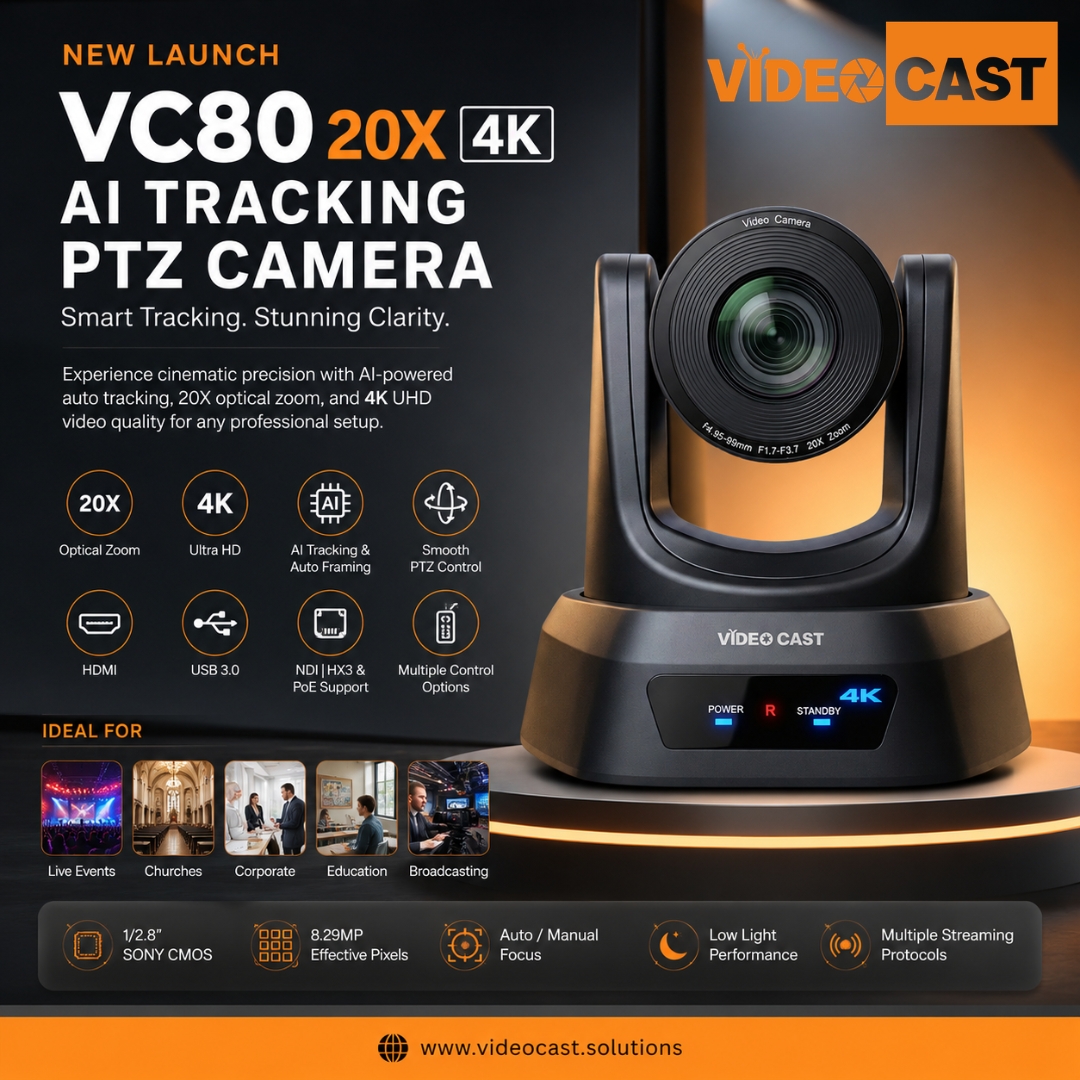 VIDEOCAST_TECH's tweet photo. Meet the new VIDEOCAST VC80 20X 4K AI Tracking PTZ Camera!

Crystal-clear 4K, intelligent auto tracking &amp; smooth PTZ control — built for live events, broadcasting, education &amp; corporate streaming. 

#VIDEOCAST #PTZCamera #4KStreaming #LiveProduction #BroadcastTech #4kptzcamera https://t.co/bbJuxM9DLX