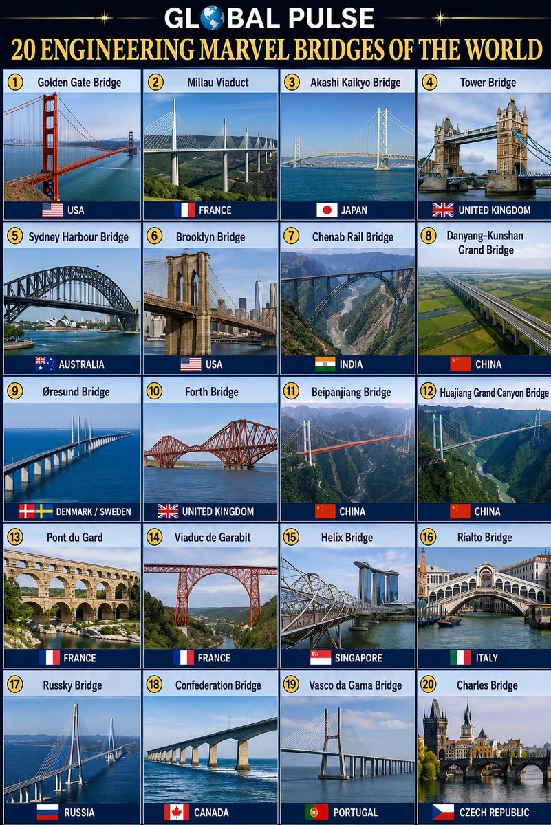 Globalstats_77's tweet photo. 🌉 20 Engineering Marvel Bridges of the World

① Golden Gate Bridge 🇺🇸
② Millau Viaduct 🇫🇷
③ Akashi Kaikyo Bridge 🇯🇵
④ Tower Bridge 🇬🇧
⑤ Sydney Harbour Bridge 🇦🇺
⑥ Brooklyn Bridge 🇺🇸
⑦ Chenab Rail Bridge 🇮🇳
⑧ Danyang–Kunshan Bridge 🇨🇳
⑨ Øresund Bridge 🇩🇰🇸🇪
⑩ Forth Bridge 🇬🇧
⑪ Beipanjiang Bridge 🇨🇳
⑫ Huajiang Grand Canyon Bridge 🇨🇳
⑬ Pont du Gard 🇫🇷
⑭ Viaduc de Garabit 🇫🇷
⑮ Helix Bridge 🇸🇬
⑯ Rialto Bridge 🇮🇹
⑰ Russky Bridge 🇷🇺
⑱ Confederation Bridge 🇨🇦
⑲ Vasco da Gama Bridge 🇵🇹
⑳ Charles Bridge 🇨🇿