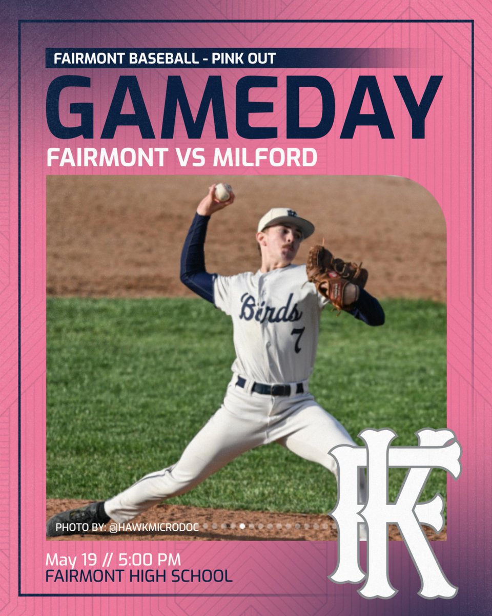 KFHSBaseball's tweet photo. Milford comes north to take on Fairmont in our annual Pink Out game. Come out and support the fight against cancer. Raffles, 50/50, and more. @FHSAthletics1 @Starting9_37_ https://t.co/p7QPMA5DFk