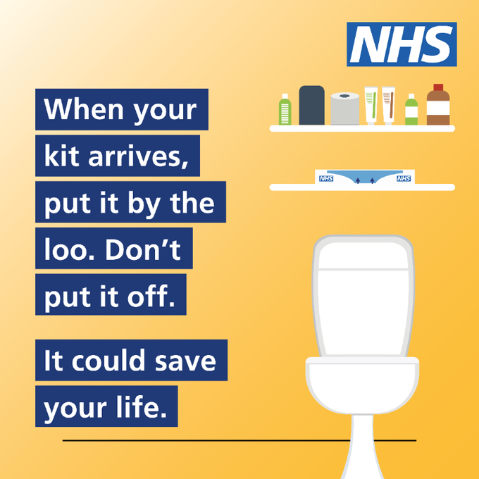 HealthSsp's tweet photo. The NHS bowel cancer screening kit can detect signs of cancer before you notice anything is wrong. If you’re sent a bowel cancer screening kit, put it by the loo. Don’t put it off. https://t.co/1KnhC3NQTI https://t.co/3PG33fm7ah