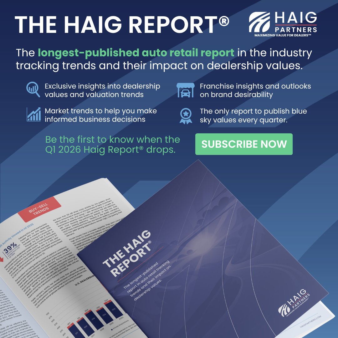 HaigPartners's tweet photo. The Haig Report® - Auto retail’s longest-published and most-trusted report on dealership values and market trends, guiding industry leaders since 2014.

The Q1 2026 report is coming soon. Subscribe now: https://t.co/0mD5AdDtwf

#Automotive #DealershipOwners #AutoRetail #AutoDealers #MarketTrends