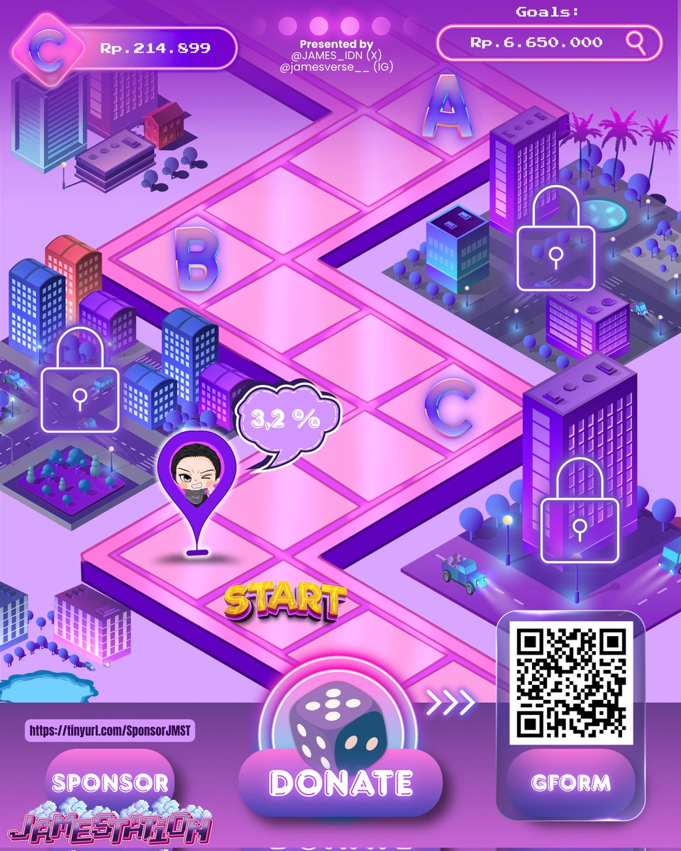JAMES_IDN's tweet photo. 🎮 Donation Progress: JAMESTATION for Festival AlloBank 2026 💜
The mission through the neon arcade city is still ongoing 🌃👾
Checkpoint by checkpoint, the player keeps moving forward and collecting power ups along the way 🎲⚡ Our current goal is to safely reach Plan C together… but maybe, with enough support, we can unlock the hidden final route leading all the way to Plan A 🕹️✨
Every little support becomes another extra life for this project and helps JAMESTATION get closer to completion 💜
📅 Update: 19 May 2026
💰 Rp. 214.899 (3,2%)
🎯 Donate here: https://t.co/HxgW8sVTMV
#JAMESTATION #JAMES #제임스 #CORTIS