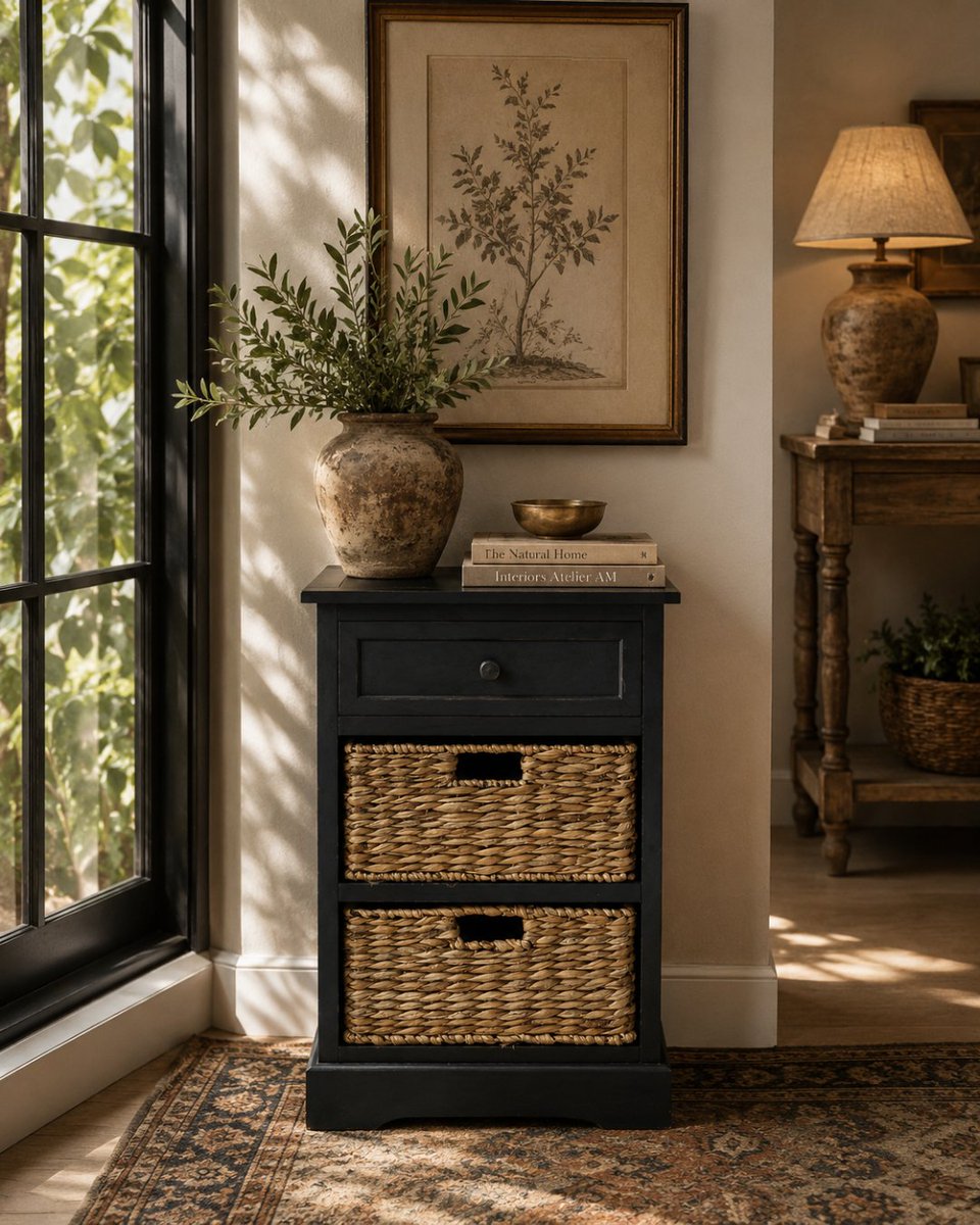 decomarche's tweet photo. Swipe through the black, brown, and teal wood room storage units with wicker basket drawers — compact accent storage with matte finishes, woven texture, and removable baskets.

Which color would you style first? https://t.co/dKccHUxymN