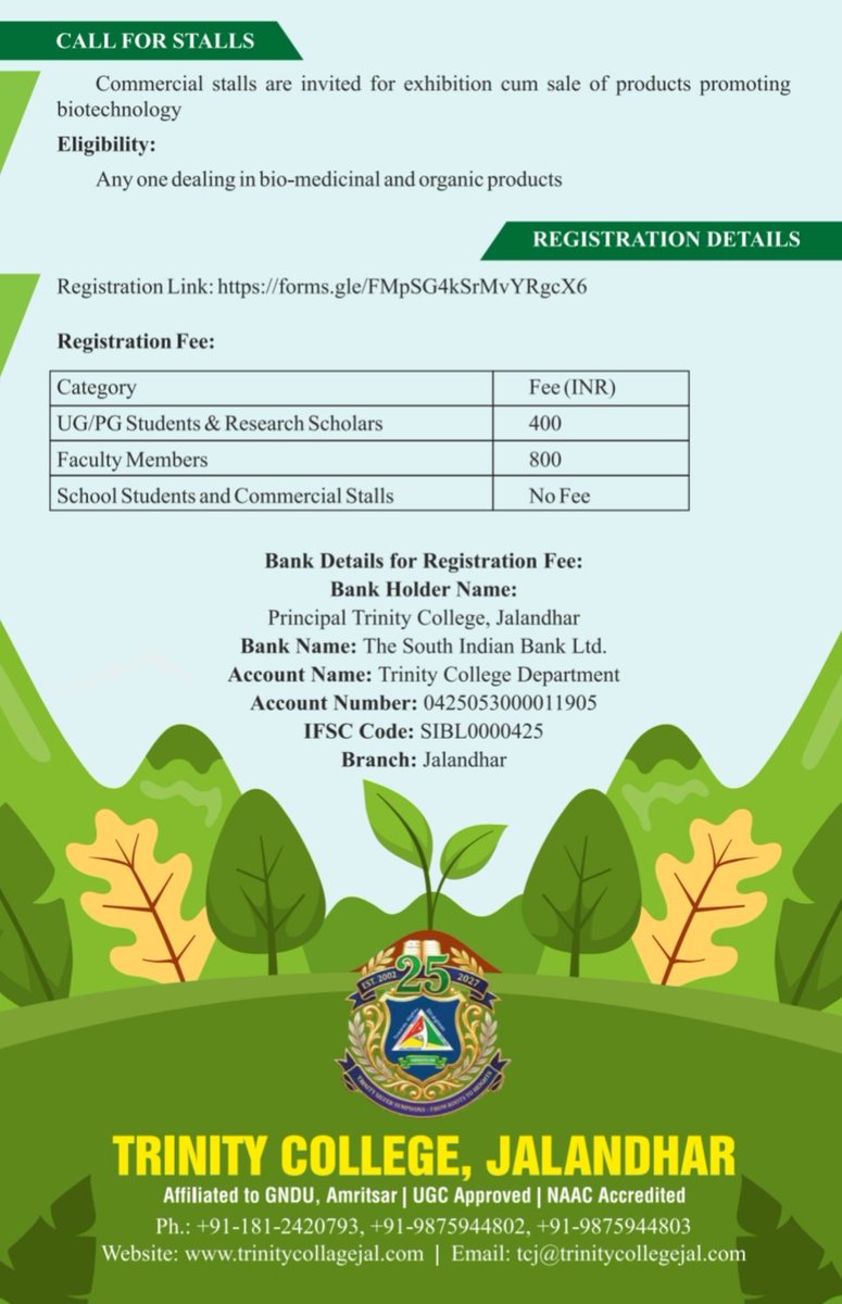 Trinity_Jal's tweet photo. 🌿 Two-Day International Symposium-cum-Exhibition on “Ethno-botanical Heritage and Conservation” 🌿
📅 22–23 May 2026
📍 Trinity College, Jalandhar
We warmly invite researchers, academicians, scholars, and students to participate and contribute their valuable research papers. https://t.co/YJ6P6VUgf0