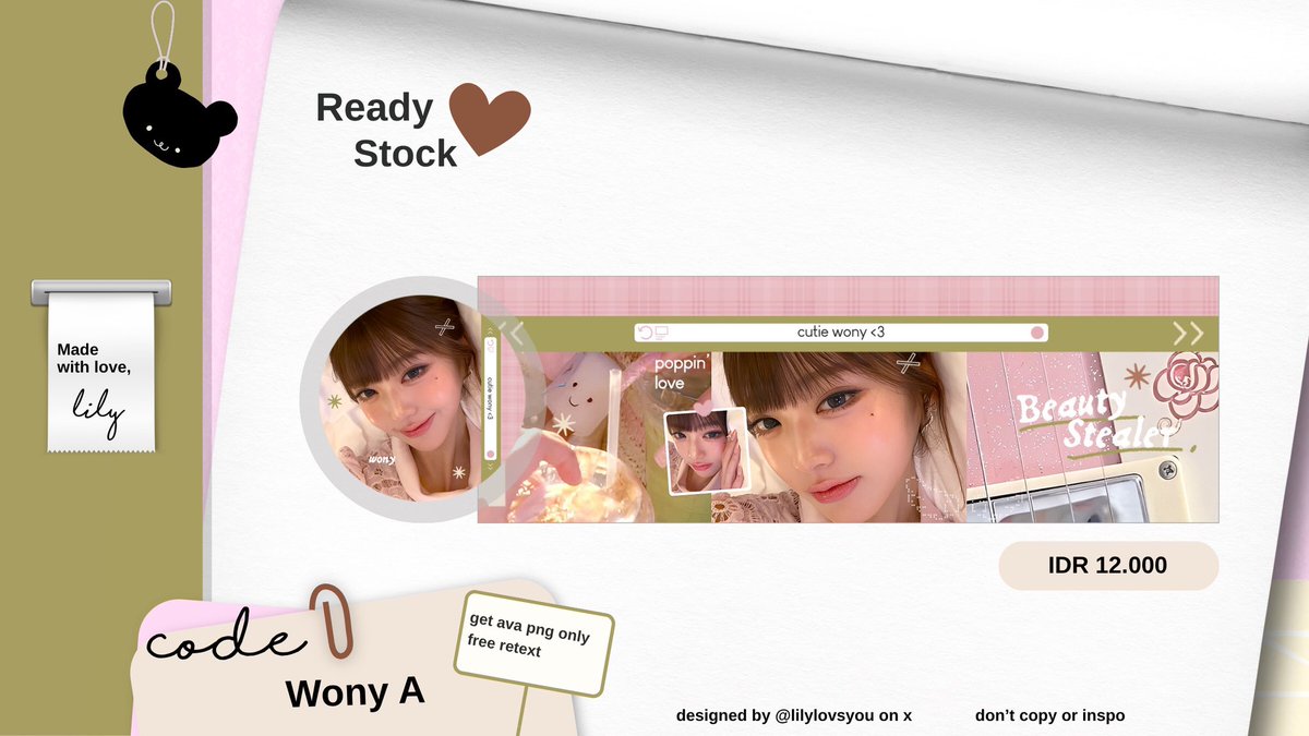 lilylovsyou's tweet photo. help repost pwease, timaaci :33

temen temen aku punya layout ready stock Karina &amp; Wonyoung yang bisa kamu jemput sekarang >__< dapet ava png only dan udah free retext yaa, yg mau jajan bisa langsung dm aku, met jajan #bealanja 💭🌟 https://t.co/cX3FIB9fS8