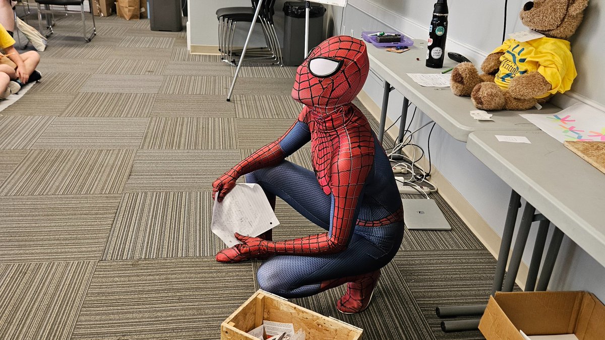 ThurberHouse's tweet photo. Spider-Man, deep in thought... about camp shenanigans, of course! 😜

Our first week of Summer Writing Camp kicks off IN TWO DAYS! 🎉We've got it all—imaginative arts activities, field trips, mysteries (and superheroes, apparently!). 🎨✍️🦸‍♂️

😎 Register ➡️ https://t.co/pwP2s2M7Fa https://t.co/Dby3yB19rh