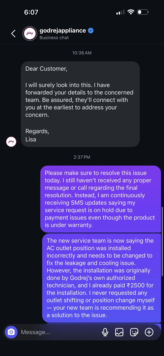 Indiancustgie's tweet photo. “Priority case”, “we’re working on it”, “resolution soon” — yet my leaking and non-cooling Godrej AC is still unresolved after multiple complaints, emails, technician visits, and NCH escalation. Only promises and automated replies, no actual solution.
@GodrejAppliance @nch1915 https://t.co/oBIkYJ5jXs