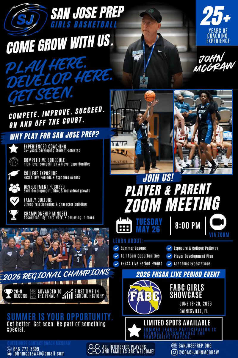 InsiderExposure's tweet photo. National Top 25 Caliber HS Basketball Program!

San Jose Prep Girls Basketball Summer Meeting!! 

We will be playing in the 2026 Conrad Foss FACA Girls HS Live Period.

Pls reach out ASAP! Our team will be EXTREMELY good and we have very limited roster space left! https://t.co/LMm4I5MSNi