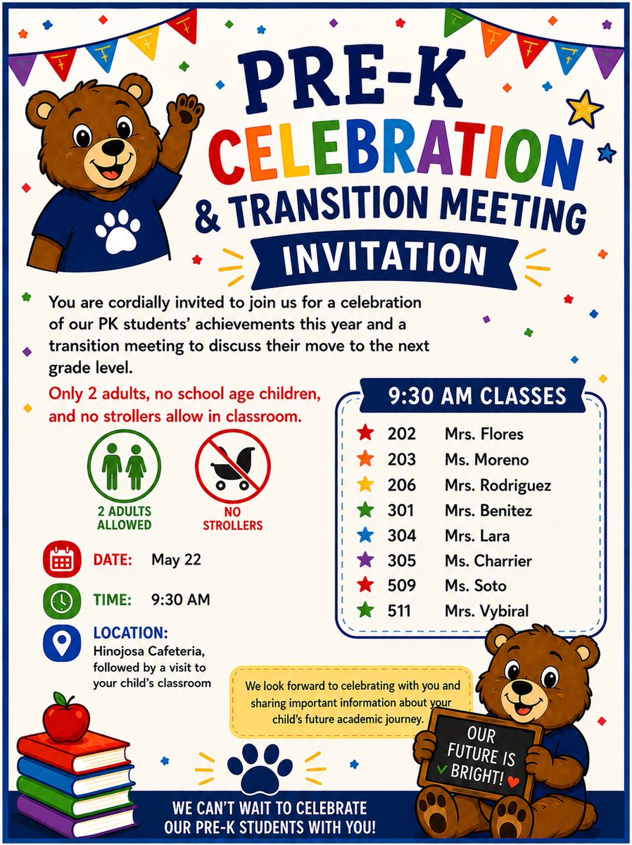 Hinojosa_AISD's tweet photo. @Hinojosa_AISD Pre-K End-of-Year Celebration! 🐻🎉
We are so proud of our little Bears and all they have accomplished this school year. We look forward to celebrating this special moment with our students and families! ❤️ #aldinestory #PreK https://t.co/1Gn0vpPLRz