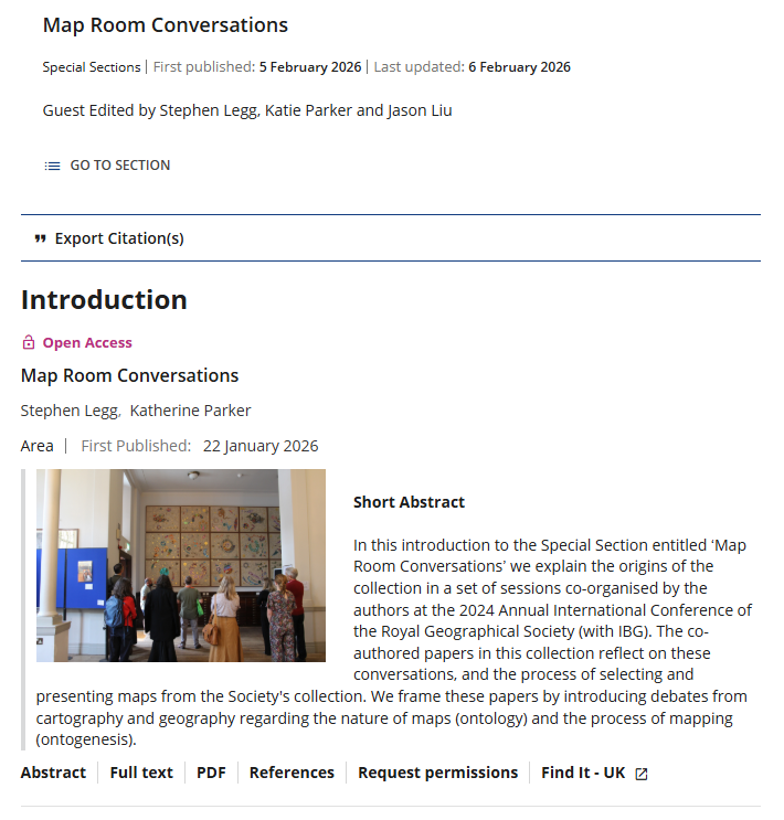 Stephenlegg11's tweet photo. Wonderful to have our "Map Room Conversations" Special Section finalised in Area, co-edited with @katieparker18th and Jason Liu, building on sessions held at the 2024 @RGS_IBGhe Conference, exploring map collections &amp; responses to them

https://t.co/vR1KRyFu6m https://t.co/vWPdqm8KYM