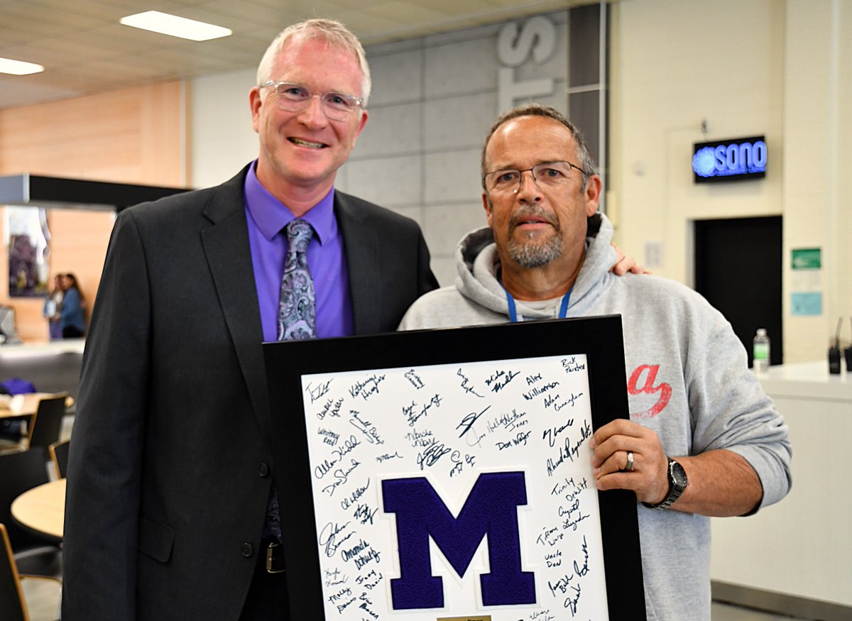 MuncieSchools's tweet photo. As finals begin at MCHS this week, we want to thank two longtime employees who are retiring: Band Director John Clark (39 yrs) and Maintenance specialist Dwayne Prior (29 yrs). For different reasons, both will be sincerely missed! Congrats, gents. Well done! #Placinglearnersfirst https://t.co/nhq8iKBNuP