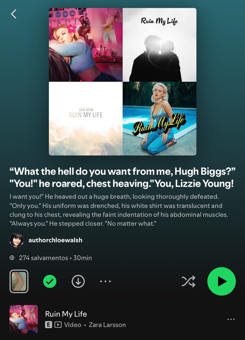 updatestommenbr's tweet photo. 🚨 | Novo trecho no Spotify da Chloe Walsh.

"O que diabos você quer de mim, Hugh Biggs?" "Você!" ele rugiu, com o peito arfando. "Você, Lizzie Young!

Eu quero você!" Ele soltou um suspiro enorme, parecendo completamente derrotado.

"Só você." Seu uniforme estava encharcado, sua camisa branca era translúcida e grudava em seu peito, revelando a leve marca de seus músculos abdominais. "Sempre você." Ele se aproximou. "Não importa o que aconteça."