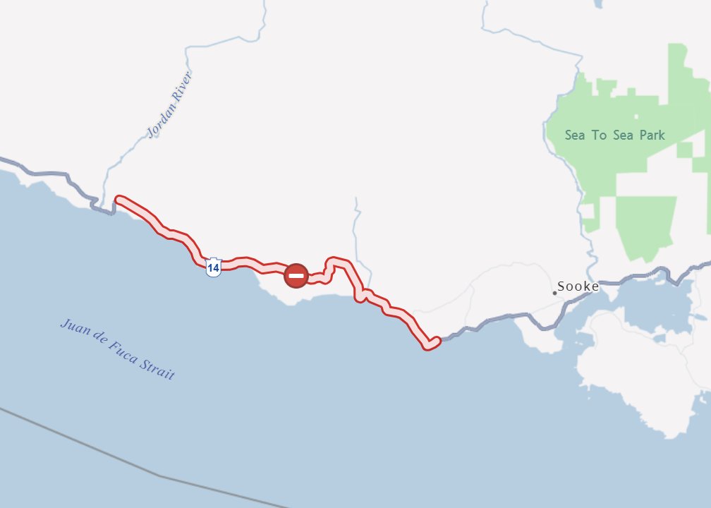 DriveBC's tweet photo. ⛔️CLOSED #BCHwy14 - A downed tree has the road CLOSED between Fore Bay Rd and West Coast Rd. No detour available. Assessment in progress. #SookeBC #VanIsle
ℹ️https://t.co/2aTbGKZabQ https://t.co/zwjTdK6u13