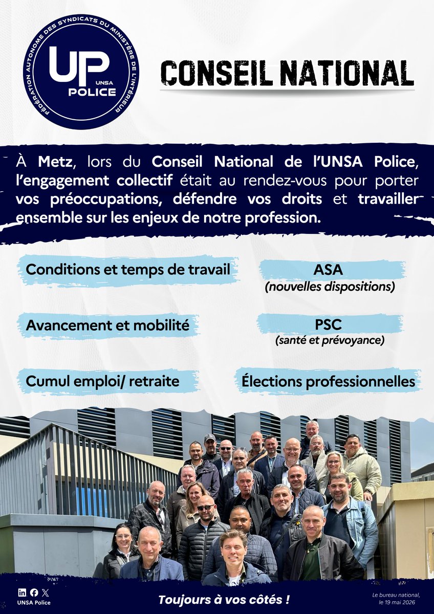 UNSAPOLICE's tweet photo. [ #ConseilNational ] : À Metz, à l'occasion du Conseil National de l’UNSA Police, l’engagement collectif était au rendez-vous pour porter vos préoccupations, défendre vos droits et travailler ensemble sur les enjeux de notre profession. 

➡️ Différents sujets essentiels ont été abordés : 
Conditions et temps de travail, avancement et mobilité, cumul emploi/ retraite, ASA, PSC, élections professionnelles 

#ToujoursàVosCotés