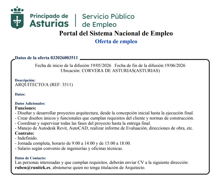 FYEAviles's tweet photo. ARQUITECTO/A para Corvera de Asturias  
Fuente: Trabajastur 

Contrato indefinido. Jornada completa, horario de 9:00 a 14:00 y de 15:00 a 18:00.

CV:  ruben@runitek.es

#empleo #arquitectura #Asturias https://t.co/O8BE4SLT2P