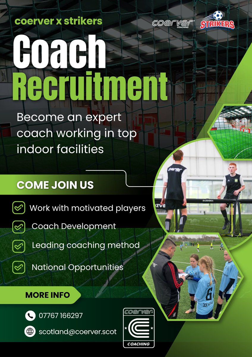 CoerverJoe's tweet photo. RECRUITING COACHES TO JOIN OUR TEAM IN ABERDEEN

In partnership with Strikers Indoor, various roles, up to 20 hours per wk, suitable for coaches with varying experience

Make a positive impact on developing, skilful, creative players

Application/more info scotland@coerver.scot https://t.co/IykkagvpIM