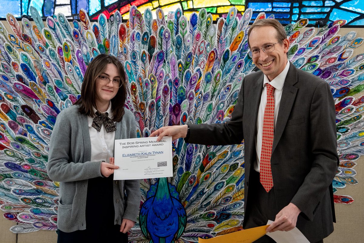 Kellenberg's tweet photo. Recently, the Modern Art Foundry Foundation, founded by the Spring and Bursig Families, presented the annual Bob Spring Memorial Inspiring Artist Award, during the Art Showcase before the Spring Concert. This year's recipient is Elizabeth Kalin Tynan (2026). The award is given to  Seniors who intend to major/minor in art or a similar field (design, animation, architecture, fashion, etc.) in college. The student must clearly have a passion for art, creativity, and imagination. The award was presented by Mr. Matthew Bursig (KMHS faculty), and members of the Modern Art Foundry Foundation Board.  Congratulations to Elizabeth!
