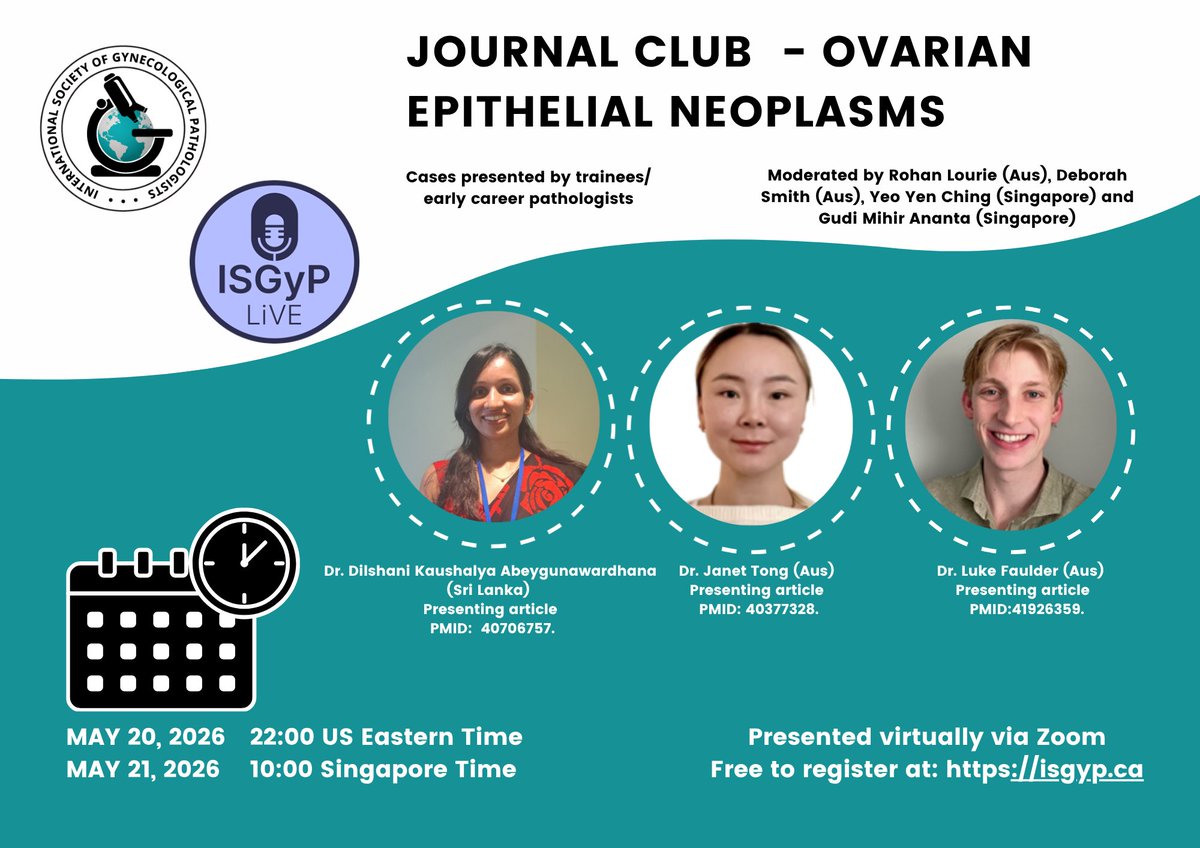 ISGynP's tweet photo. Please join @ISGynP for our monthly gynecologic pathology journal club!  May 20 at 22:00 US ET (May 21 at 10:00 Singapore Time) This month's topic Ovarian Epithelial Neoplasms.  Register @ https://t.co/QD30bKwpin #PathTwitter #GynPath #GynaePath https://t.co/Yp2t2j63Ru
